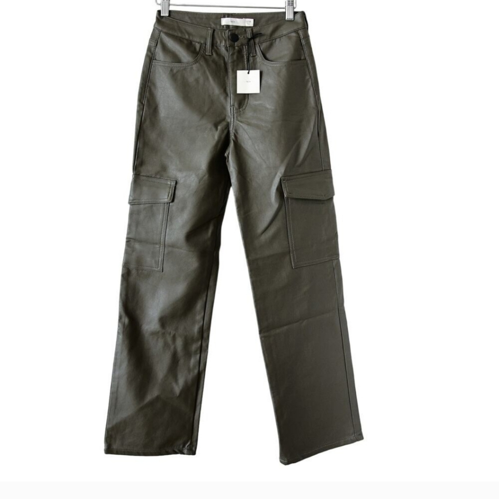 Tgla Women’s Vegan Leather Cargo Straight Leg Brown Pants New Size 1/25 olive